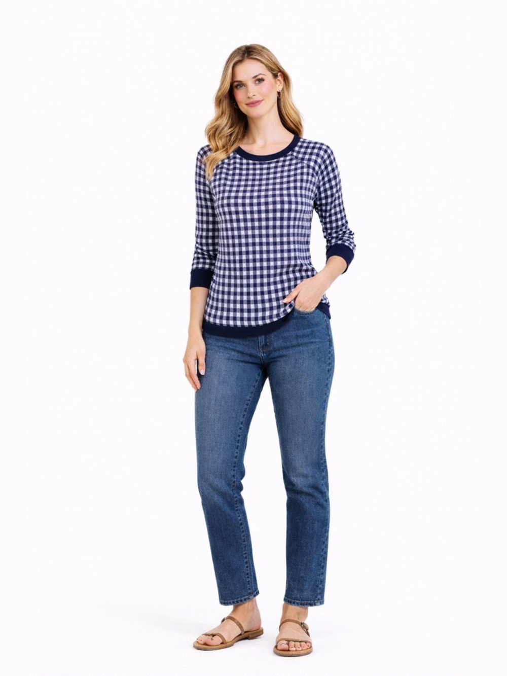 Draper James Navy and White Checkered Sweater